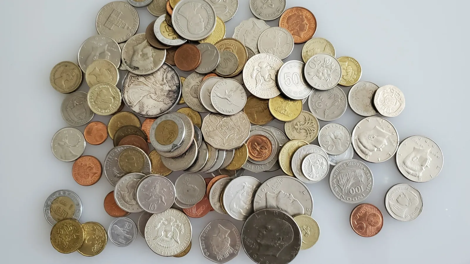 A pile of mixed coins on a table