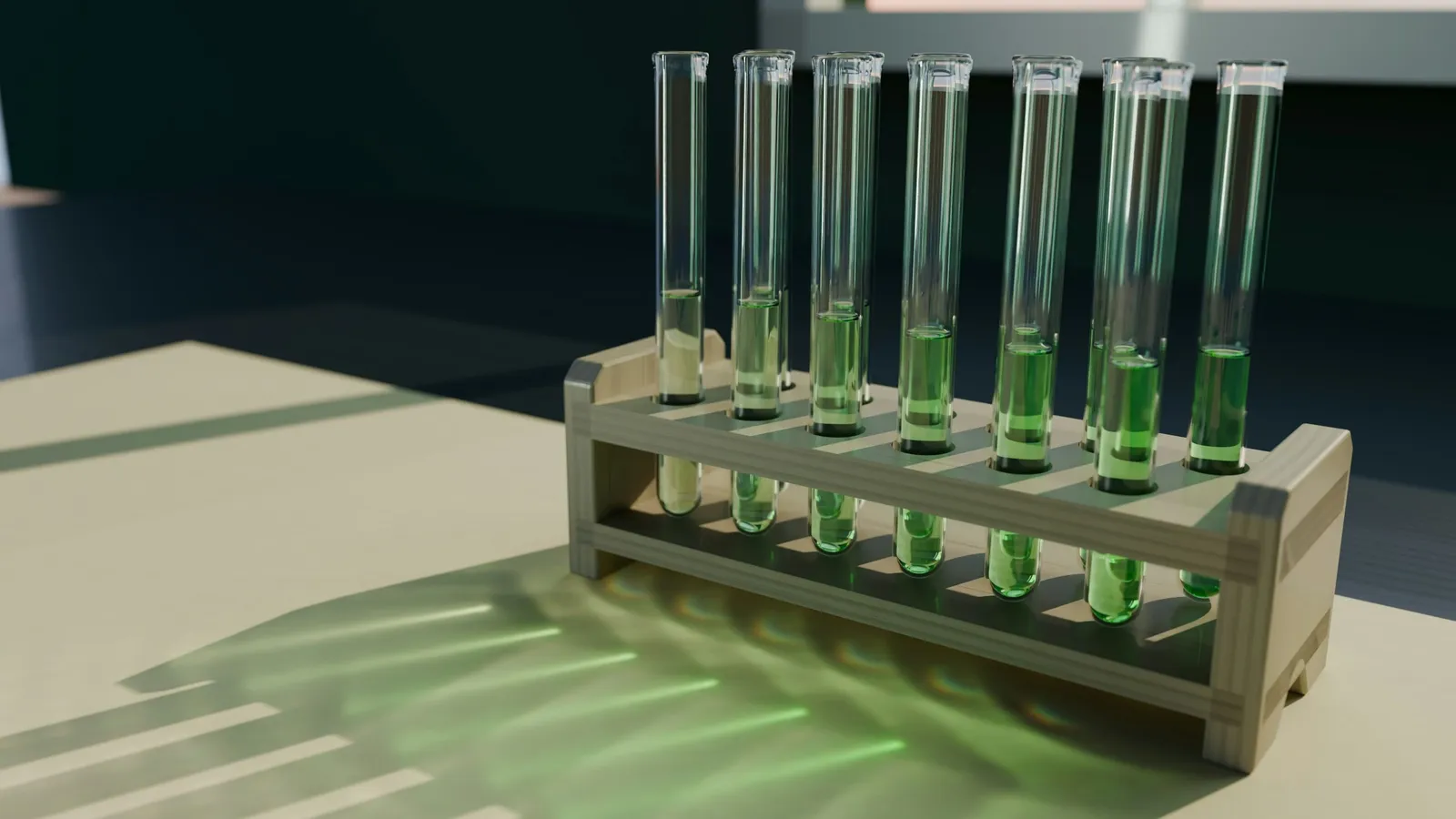 A rack of test tubes holding green liquid