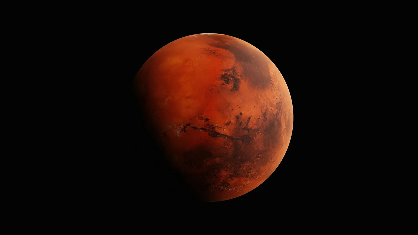 A reddish planet like Mars against a black sky