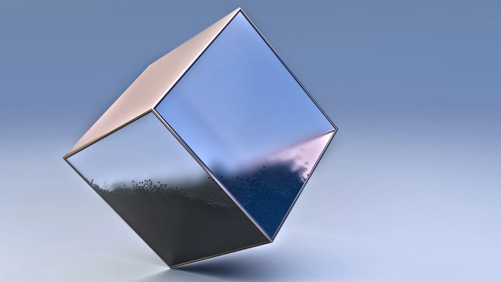 A reflective cube balanced on one corner