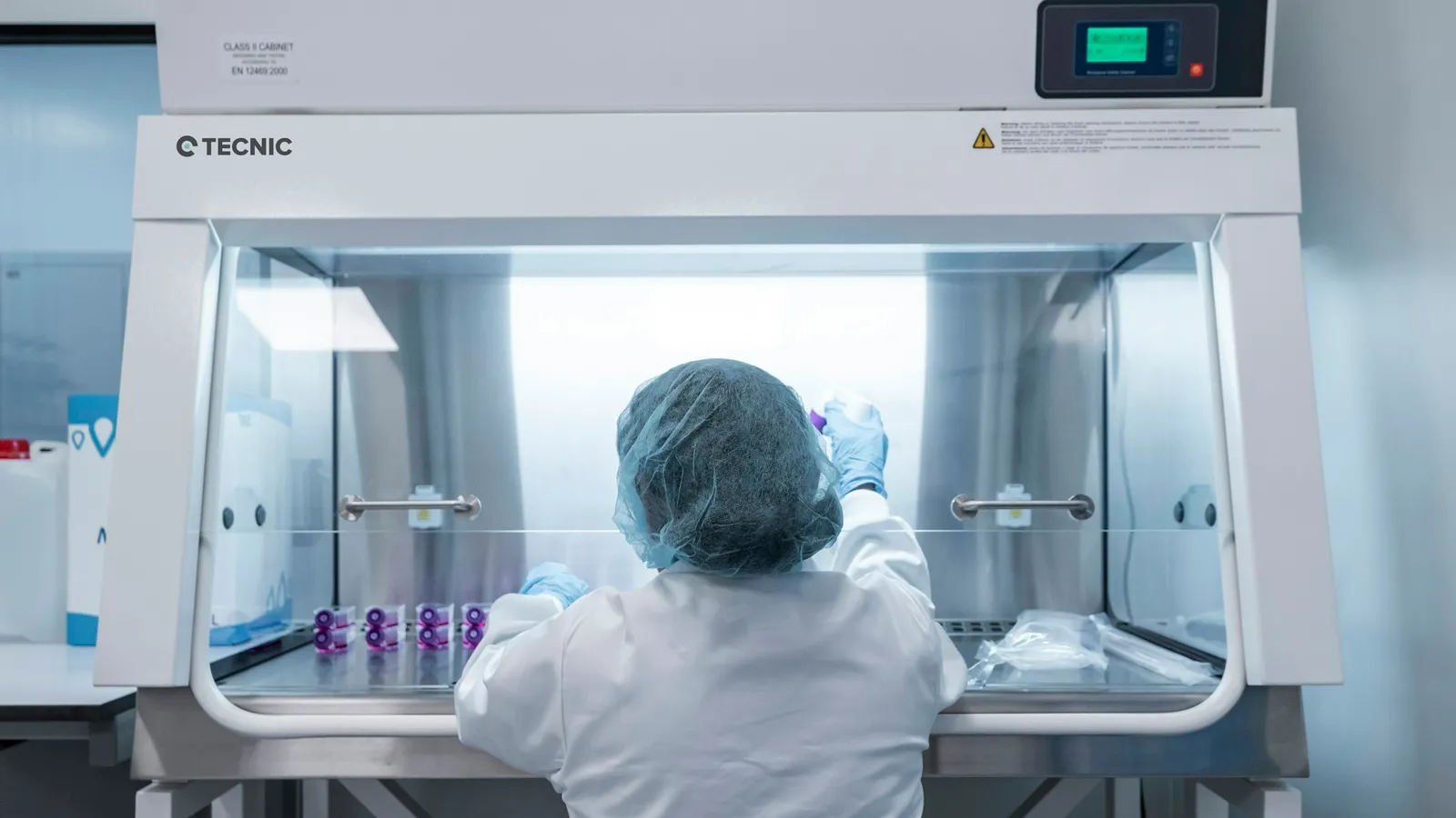 A scientist working inside a fume hood