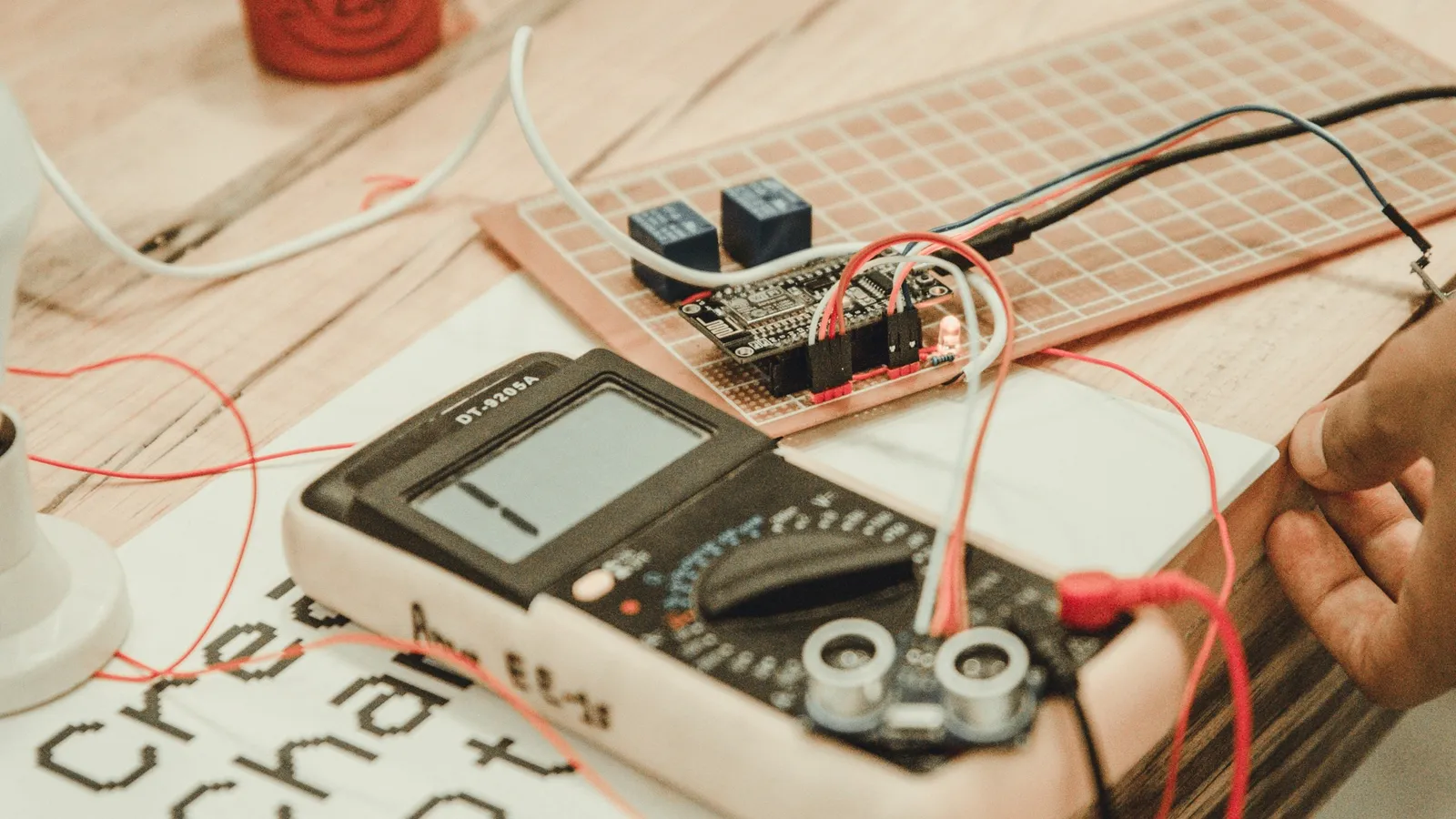 A small circuit wired to a multimeter on a desk
