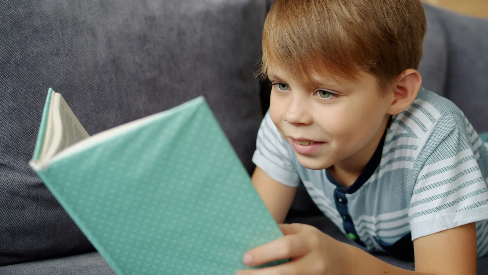 A smiling boy reading a book on a sofa