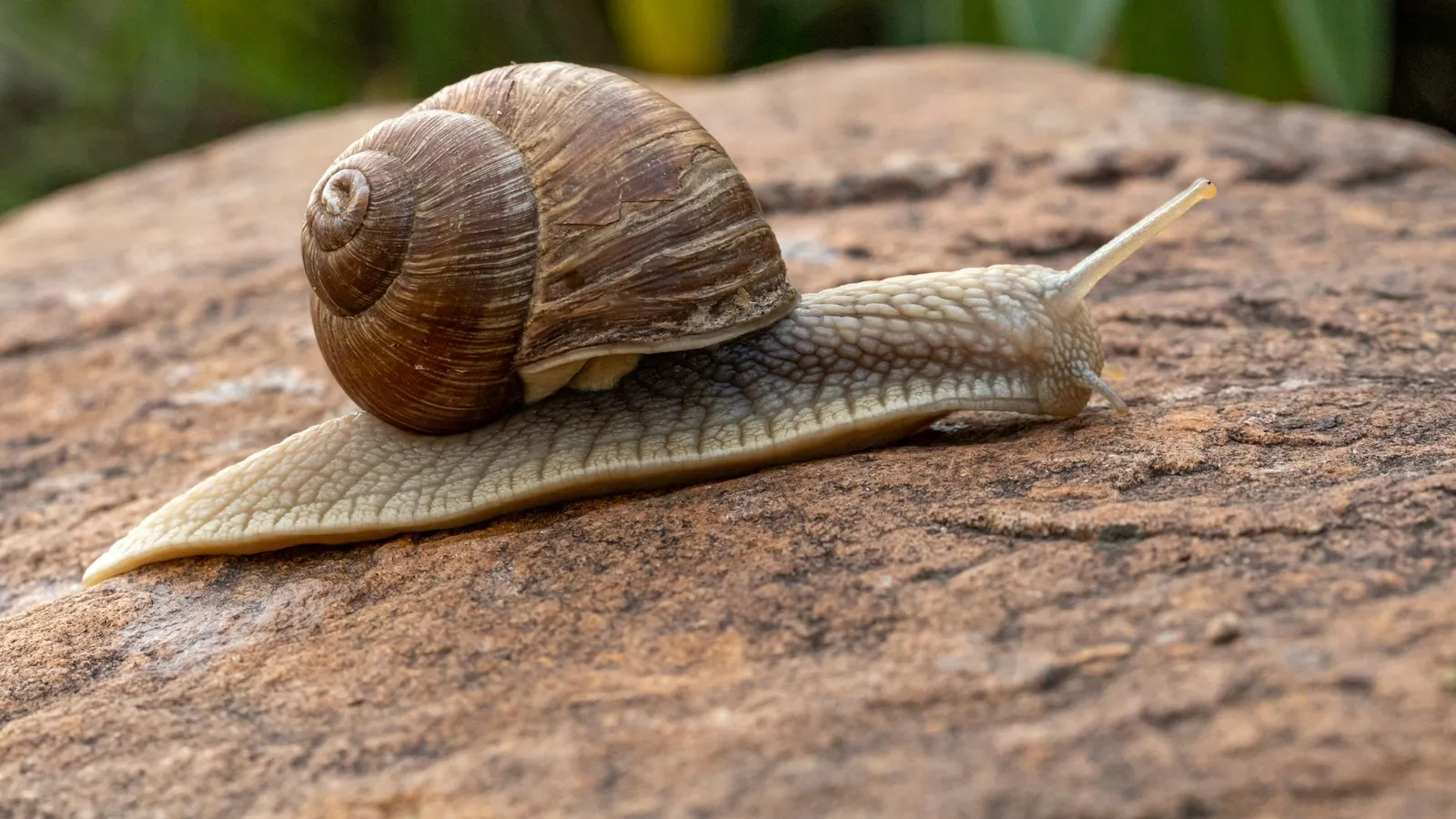 A snail crawling across a flat rock