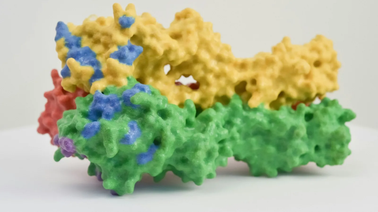 A space-filling model of a large biological molecule in yellow, green and blue