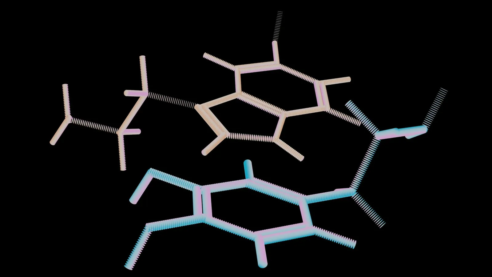 A stick model of a molecule with hexagonal rings on a black background