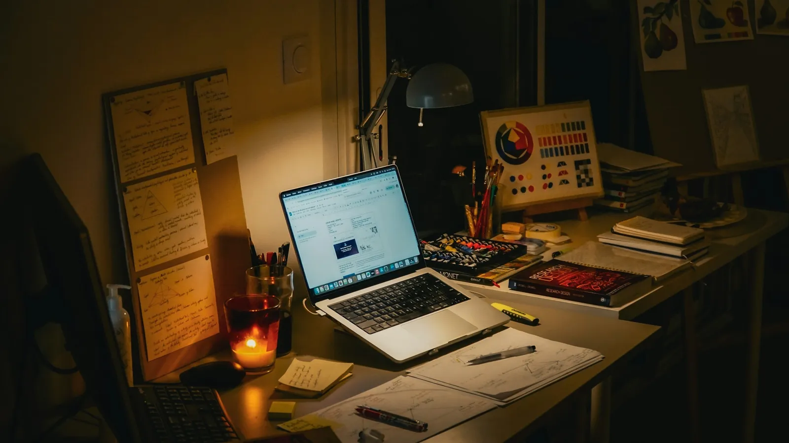 A study desk at night with a laptop, notes pinned up and a lamp
