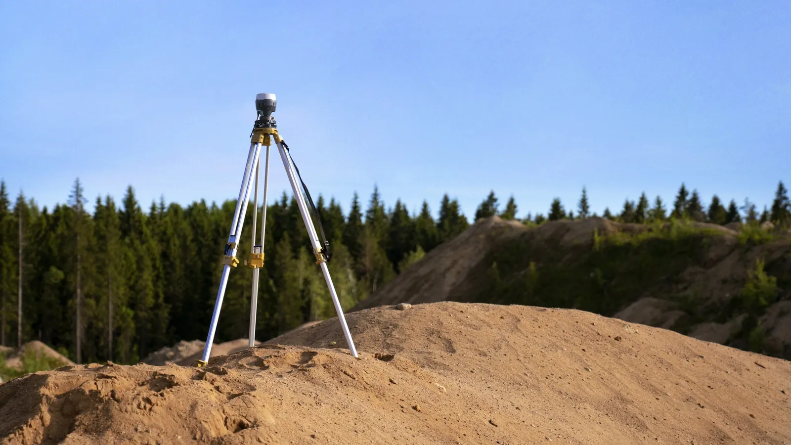 A surveying instrument on a tripod in a field