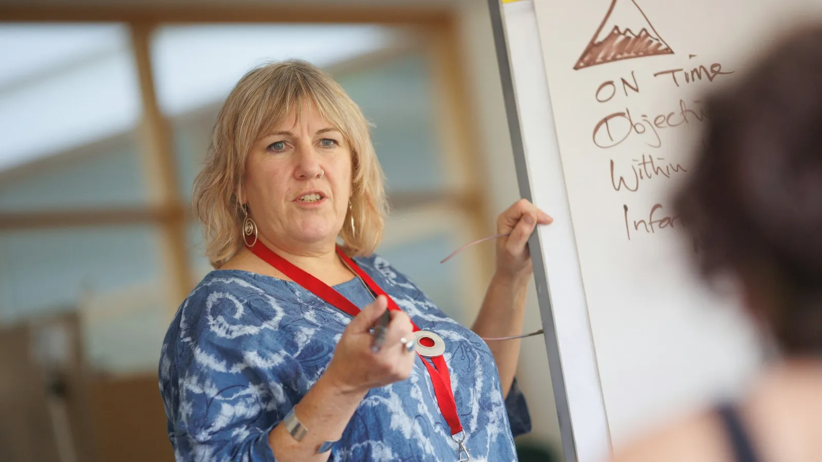 A teacher talking beside a whiteboard covered in notes