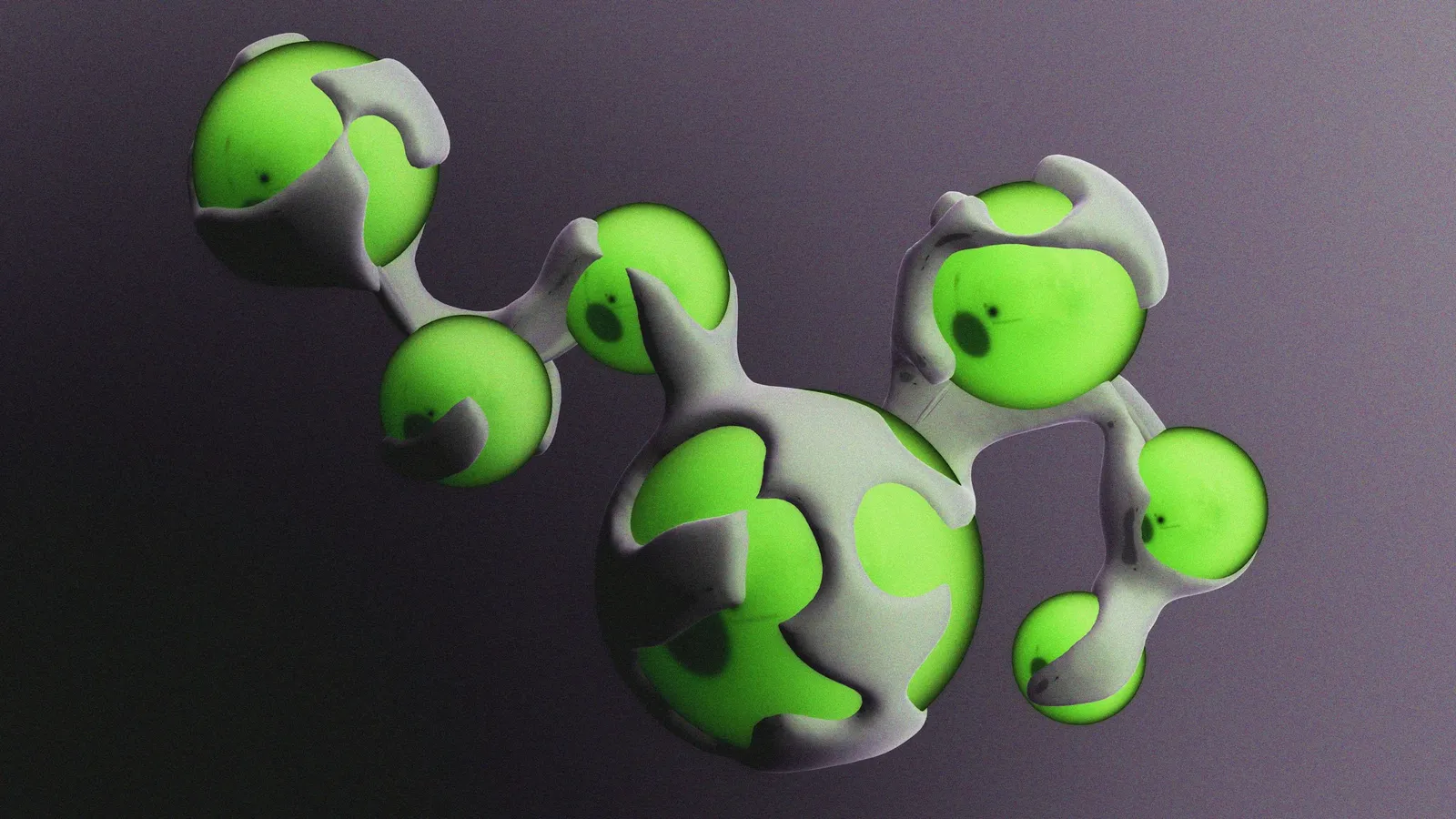 A three-dimensional rendering of a molecule with green and grey atoms