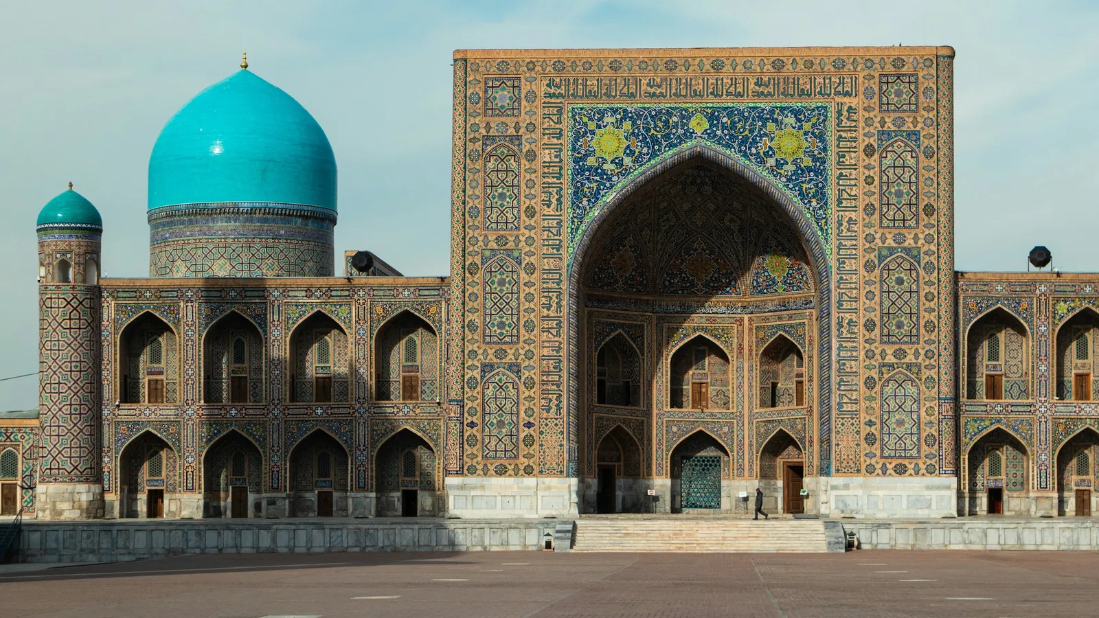 A tiled madrasa with blue domes in Samarkand