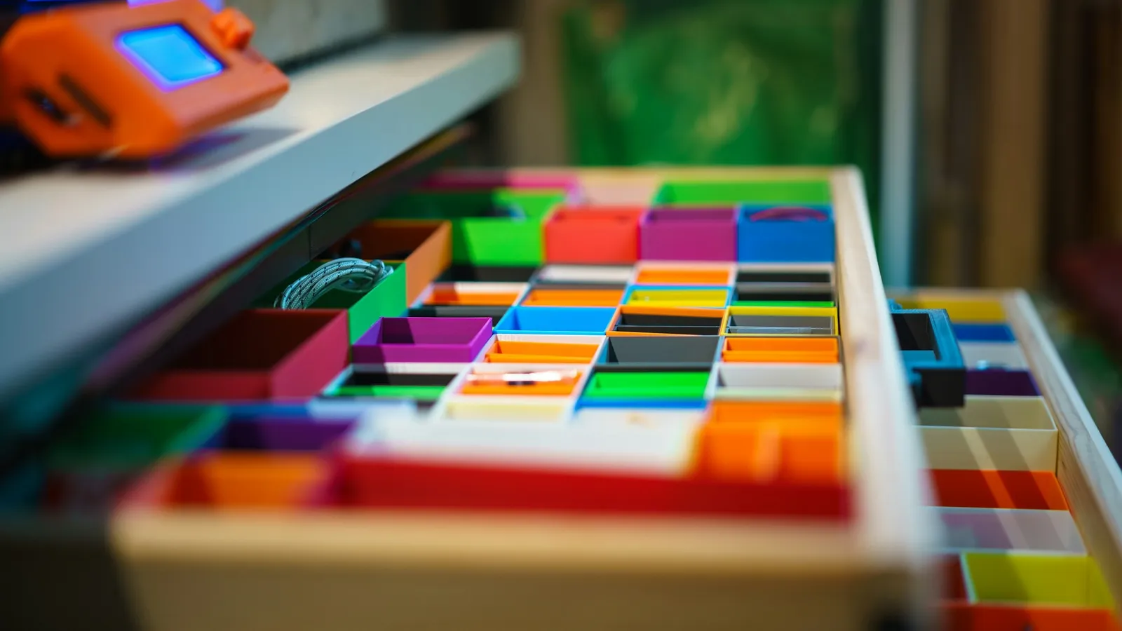 A tray of colourful square tiles arranged in a grid