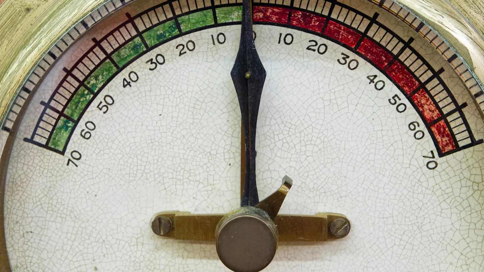 A vintage meter dial with a centre-zero needle