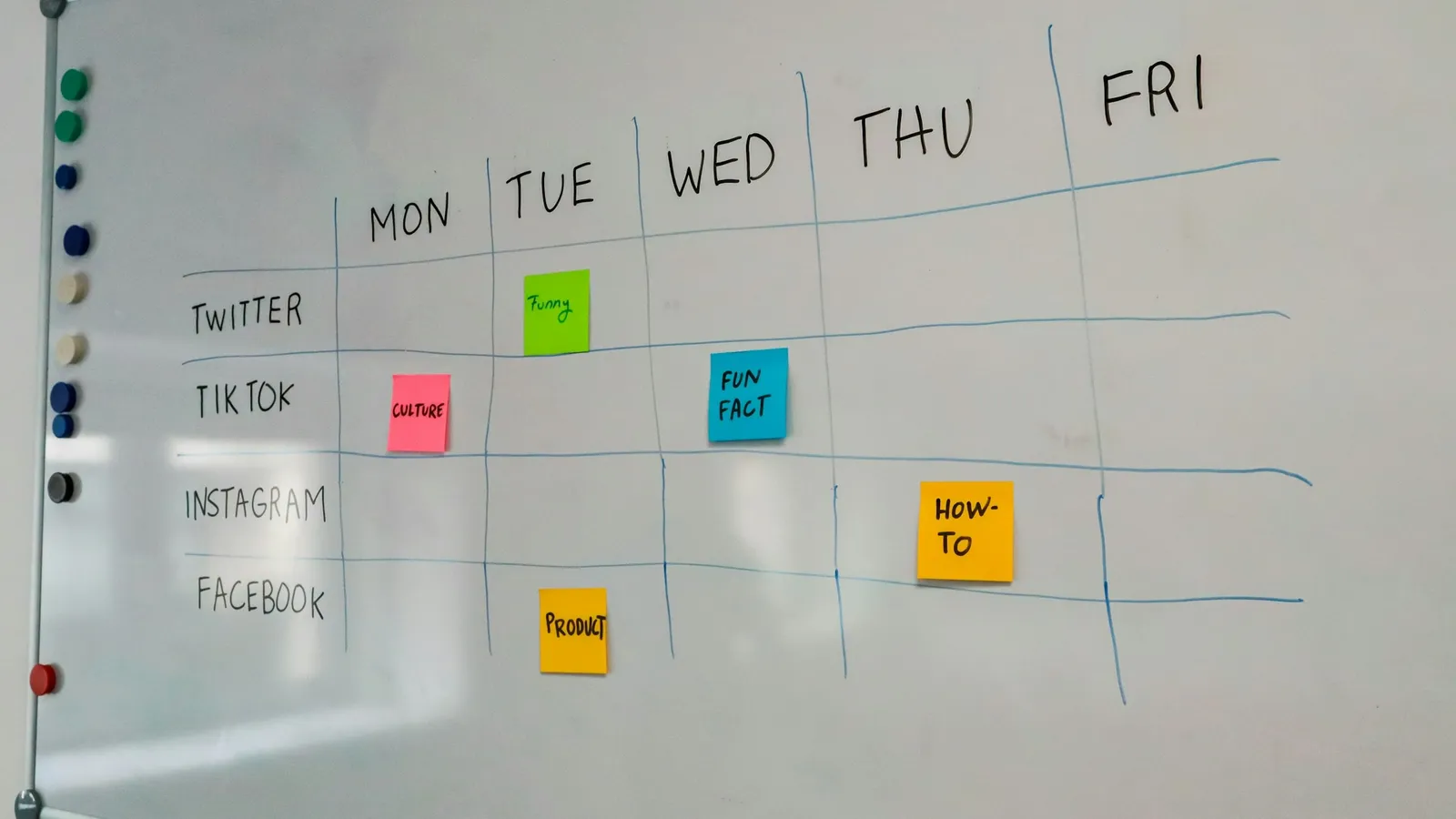 A whiteboard weekly planner with coloured sticky notes