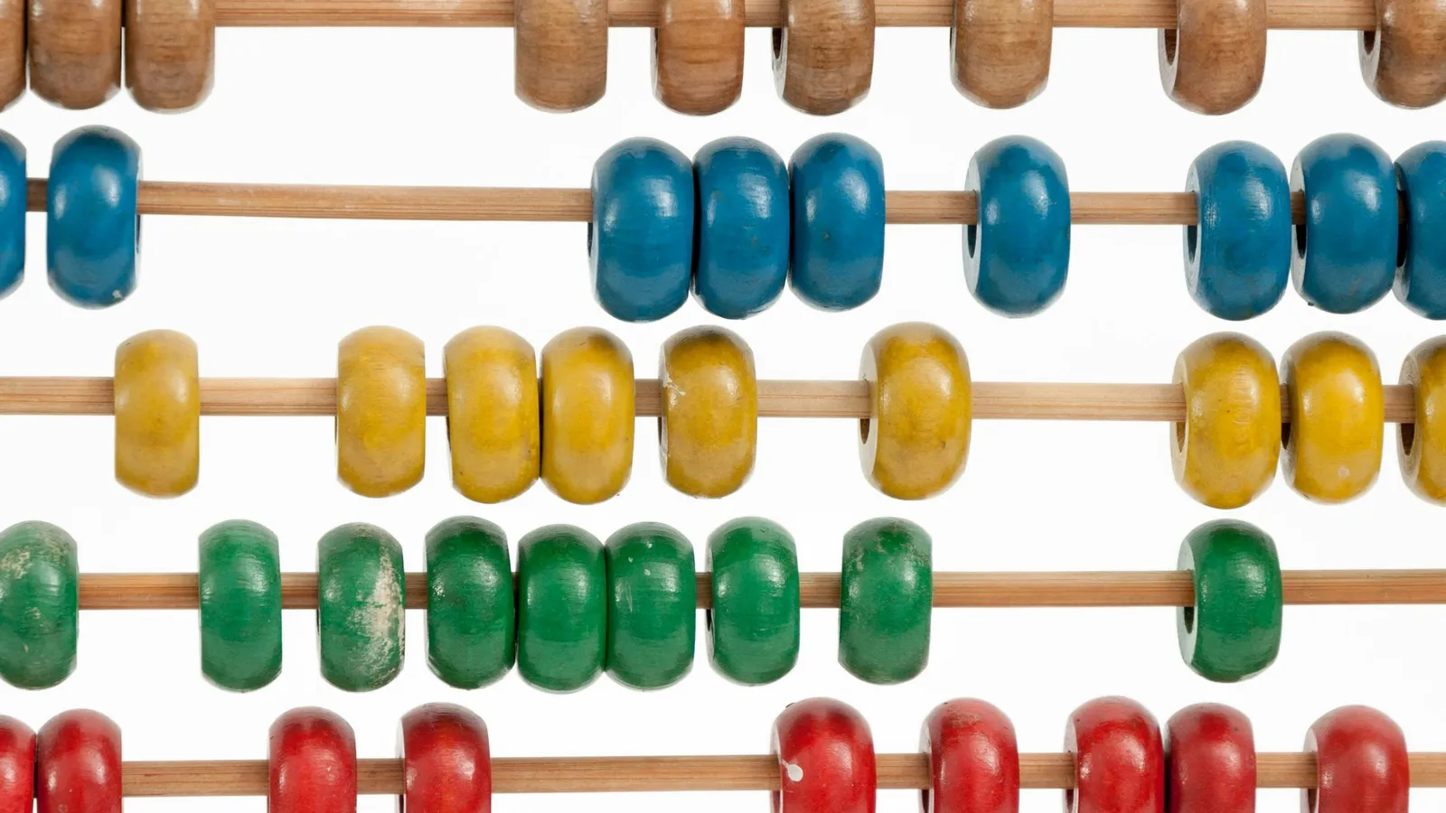 A wooden abacus with rows of coloured beads