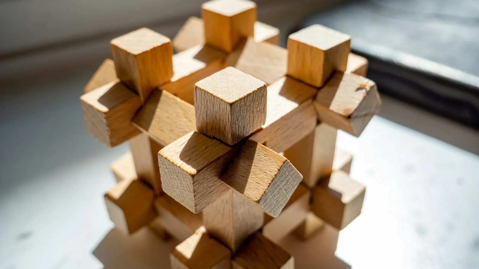 A wooden interlocking puzzle of cubes