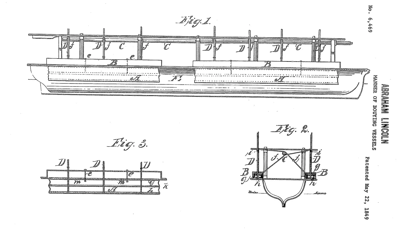 Abraham Lincoln's 1849 patent drawing of a boat with buoyancy chambers, in three figures