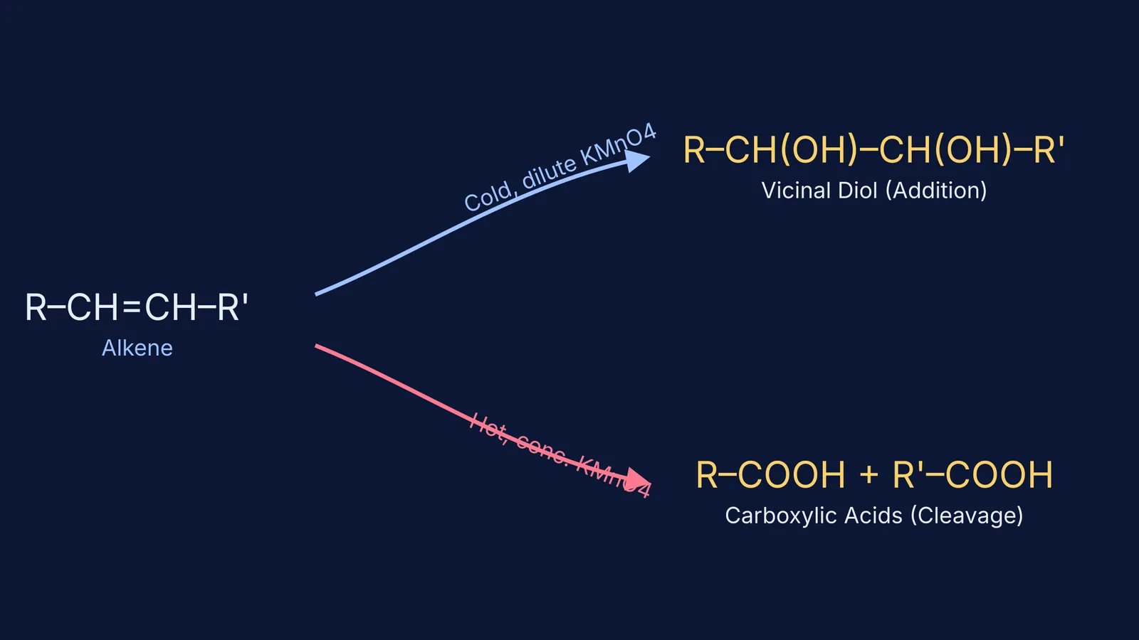 Alkene branching into a diol with cold KMnO4 and carboxylic acids with hot KMnO4