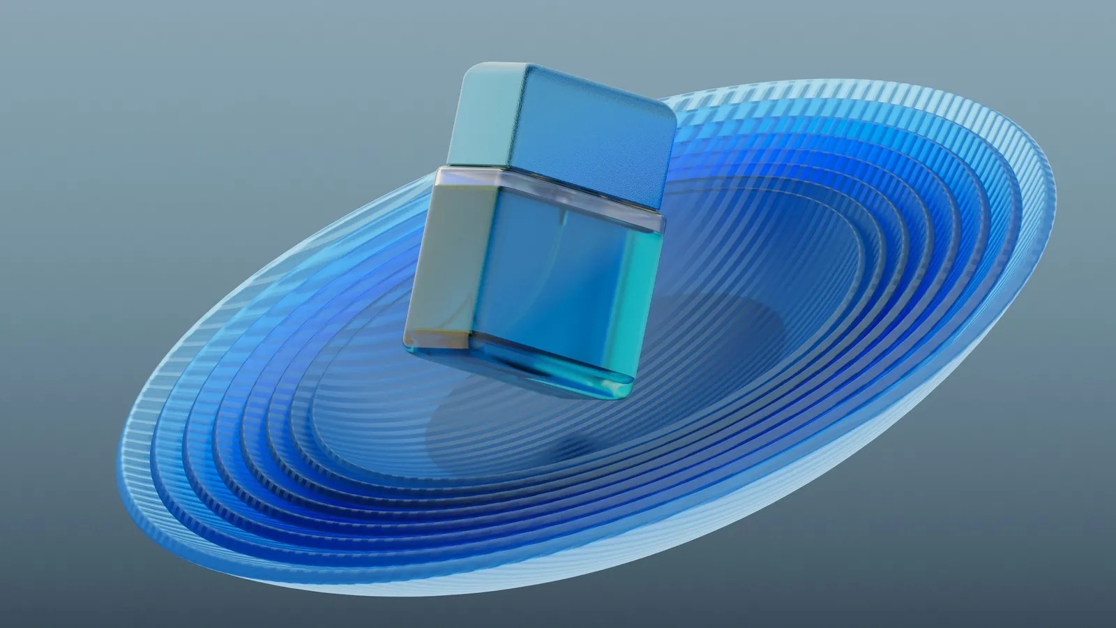 An abstract blue shape surrounded by concentric rings