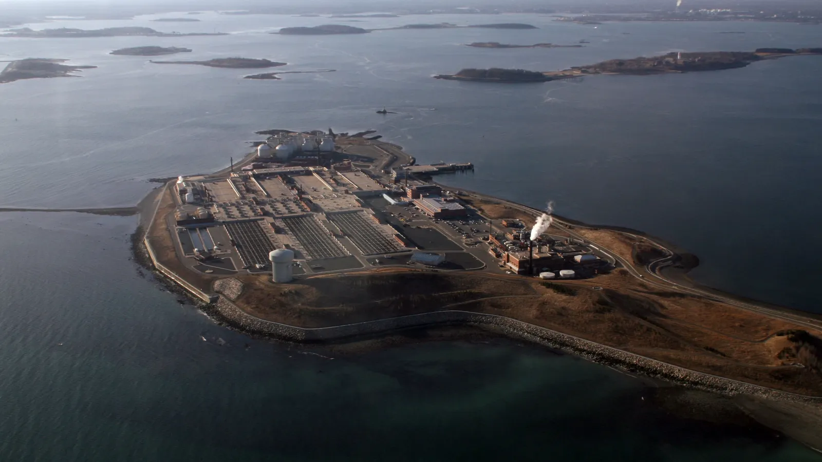 An aerial view of the Deer Island Waste Water Treatment Plant