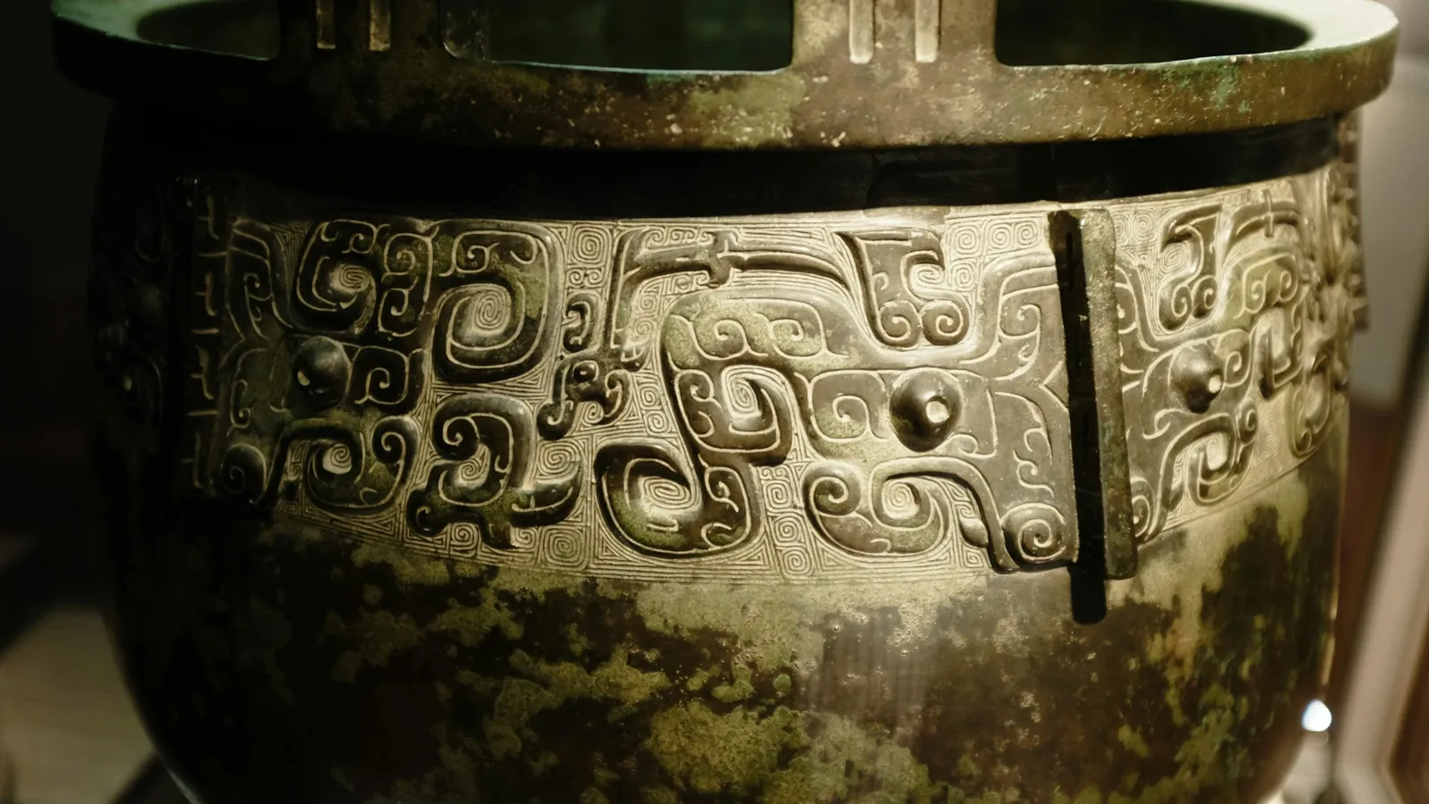 An ancient Chinese bronze vessel with cast patterns
