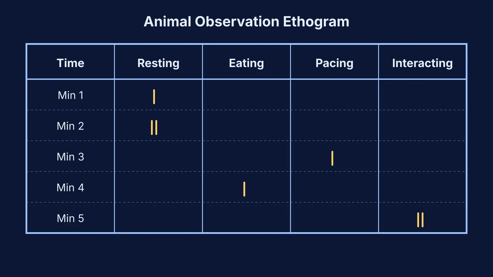 An animal observation ethogram table