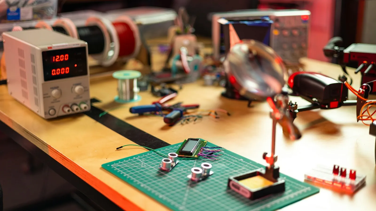 An electronics workbench with a power supply and circuit boards