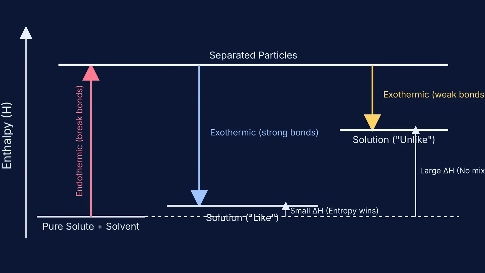 An enthalpy of solution diagram showing the energy changes during dissolution.