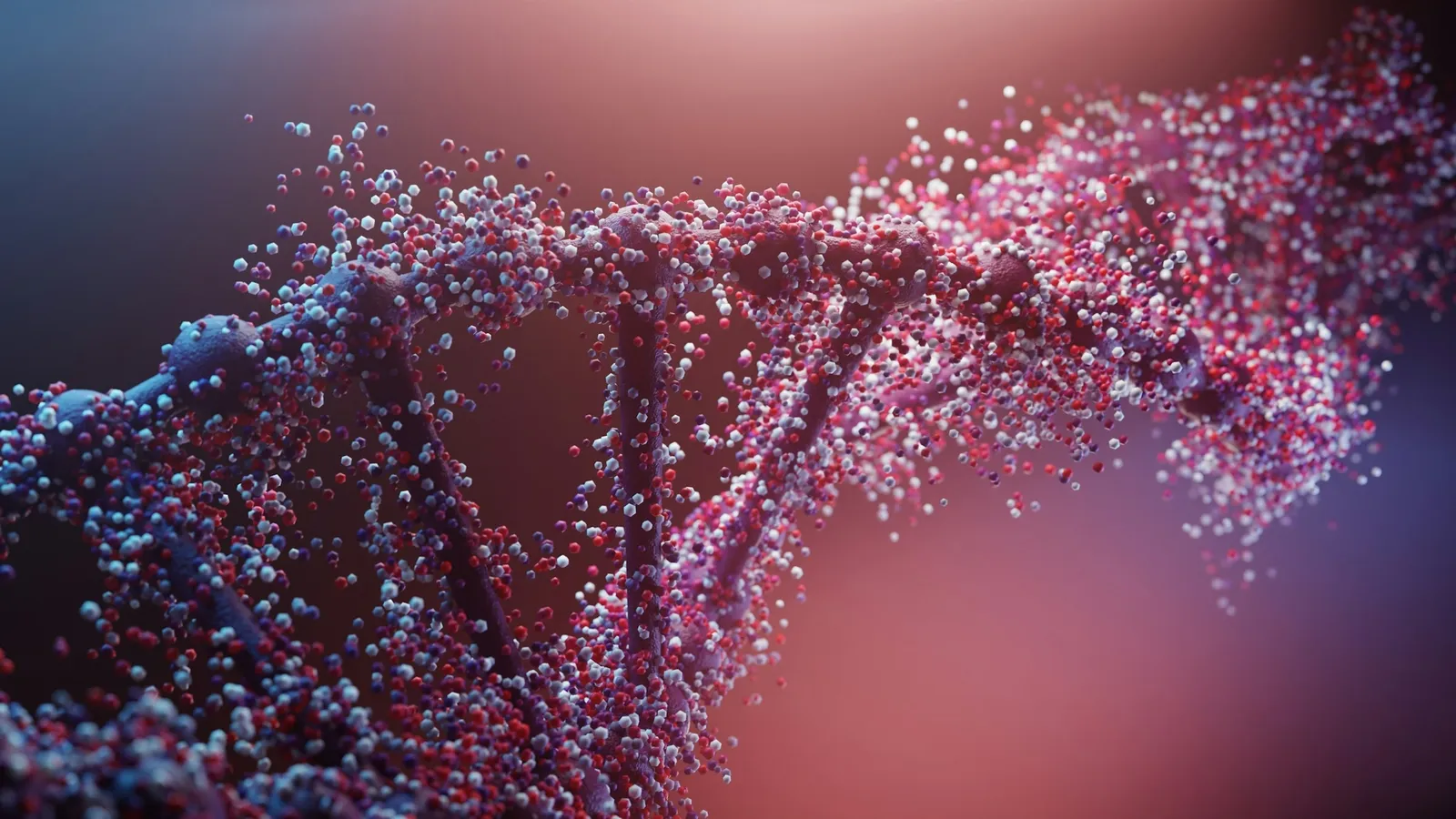 An illustration of a DNA strand in pink and blue tones