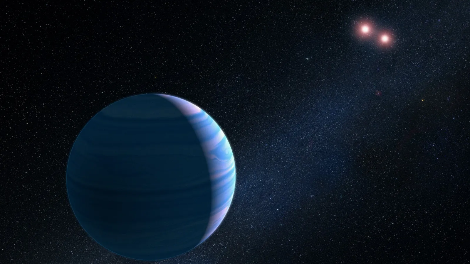 An illustration of a planet with two suns in its sky