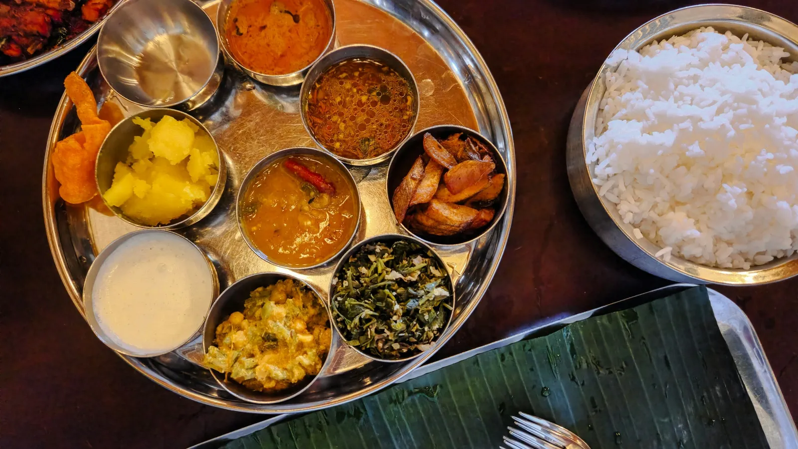 An Indian thali with rice, dal and vegetable dishes