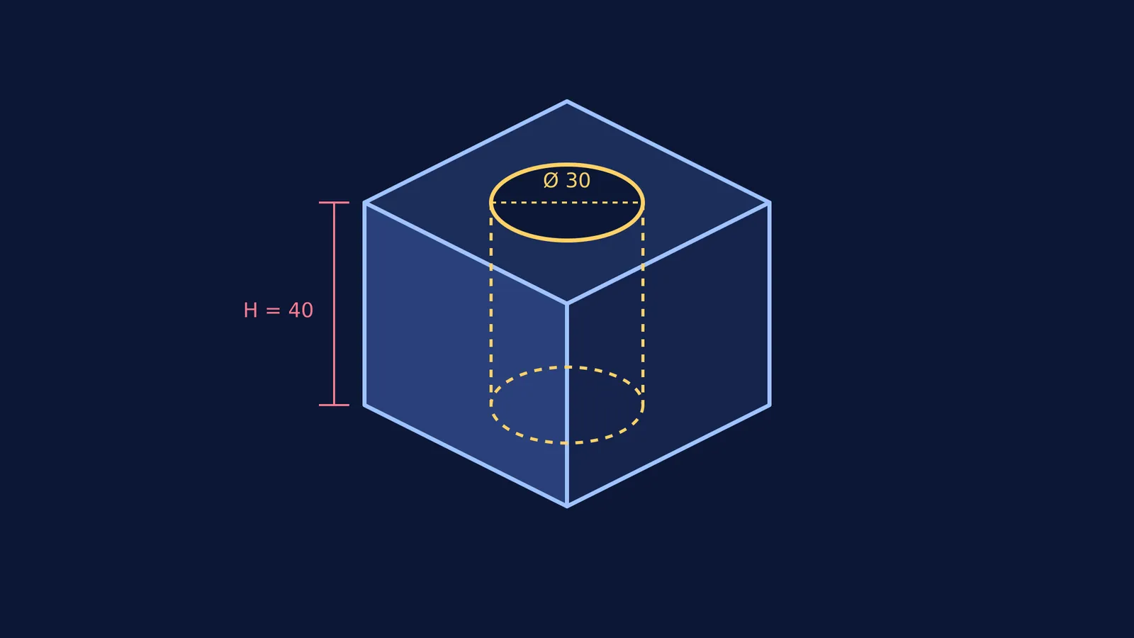 An isometric 3D CAD block showing an extruded hole.