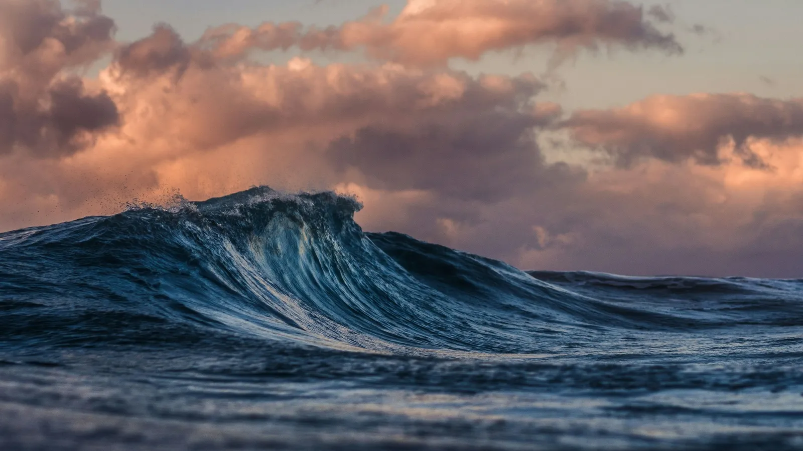 An ocean wave cresting under a cloudy evening sky