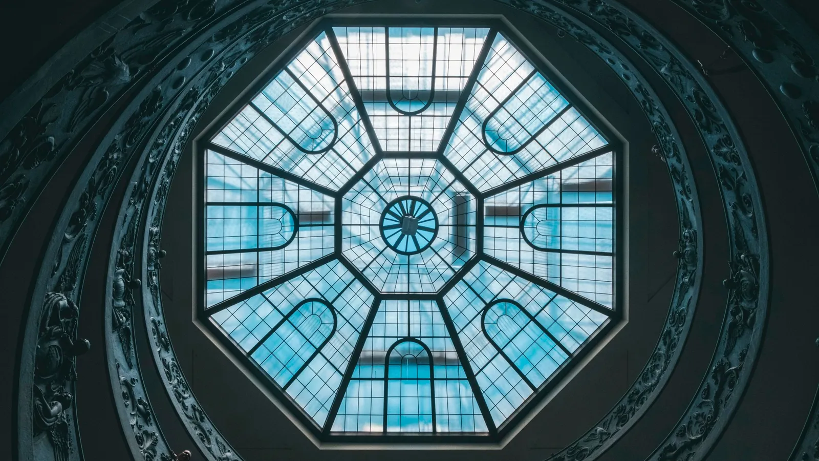 An octagonal skylight seen from below