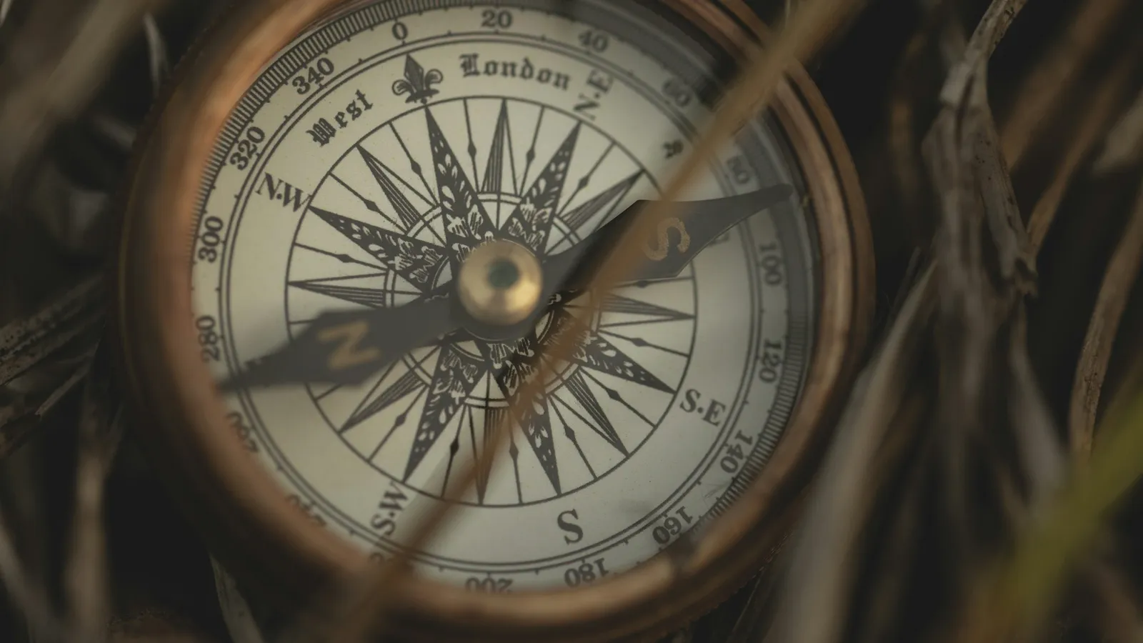An old brass compass with its needle among dry grass