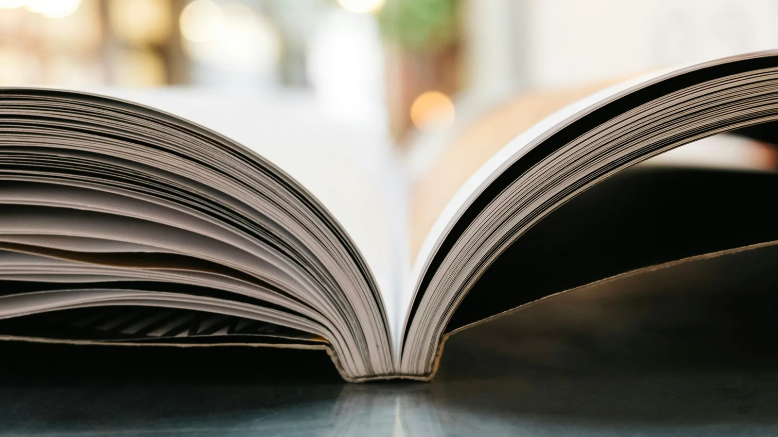 An open book lying on a table, pages fanned