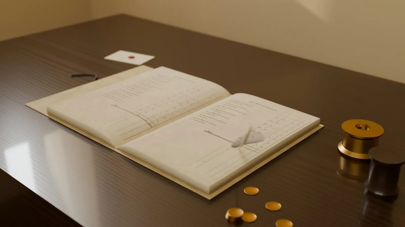 An open ledger with tables on a dark wooden desk