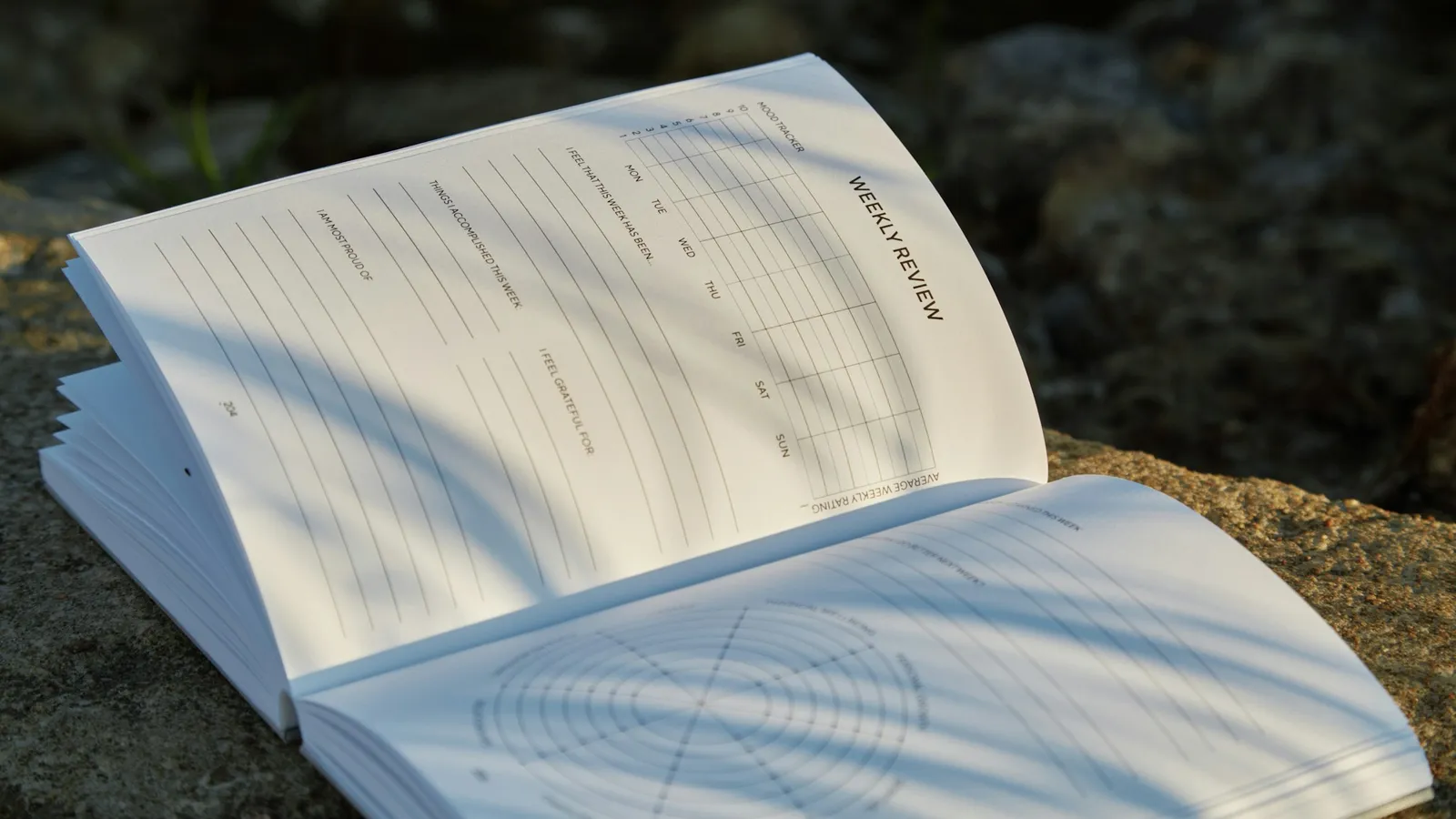 An open notebook with curling pages
