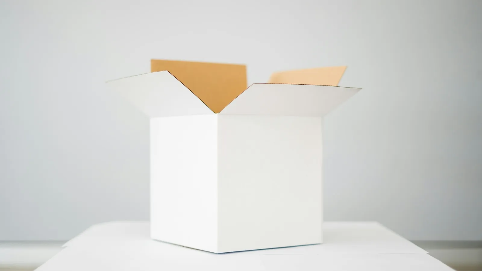 An open white cardboard box on a white table