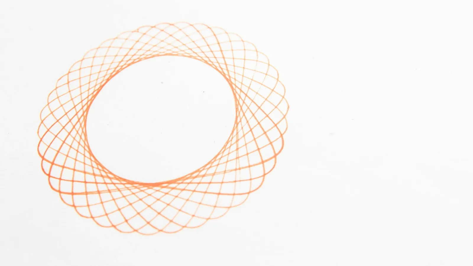 An orange spirograph pattern of looping circles on white