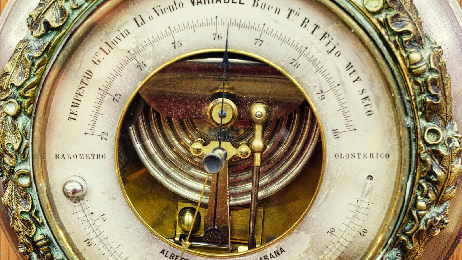 An ornate antique barometer dial