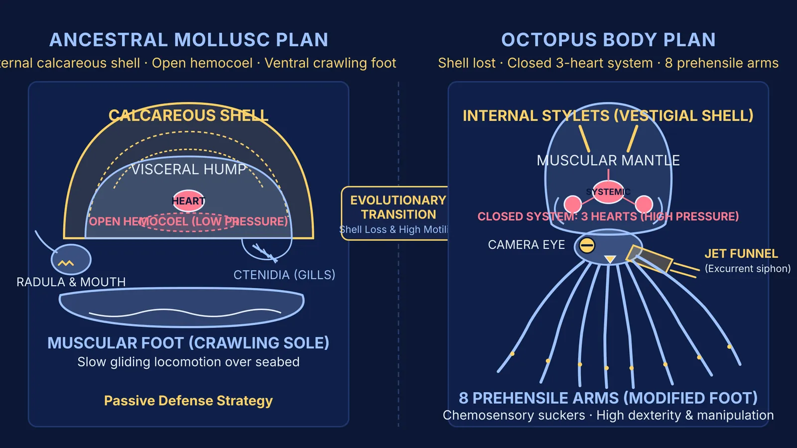 Anatomical comparison of ancestral shelled mollusc body plan and shell-less octopus cephalopod body plan
