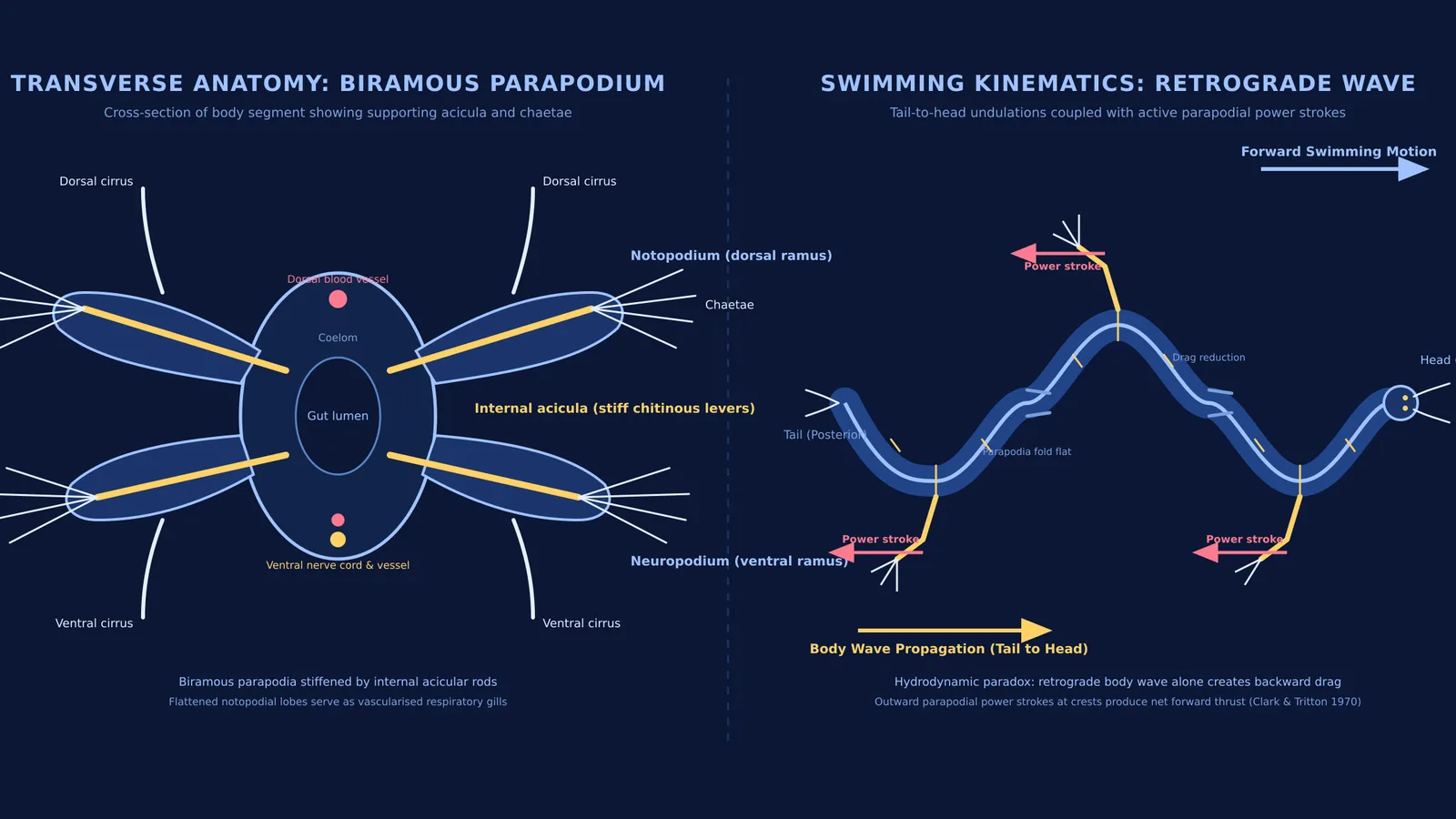 Anatomy of a Nereis parapodium and the tail-to-head undulatory swimming wave.