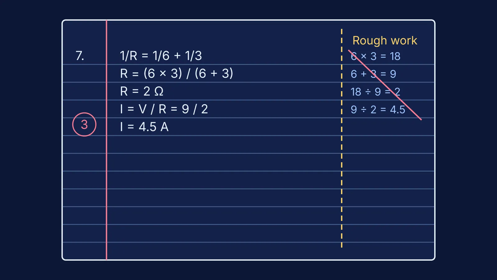 Answer sheet page with a ruled-off, struck-through rough work column on the right