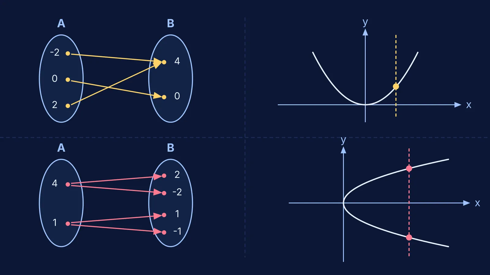 Arrow diagrams and vertical line graphs showing function tests and one-to-many failures