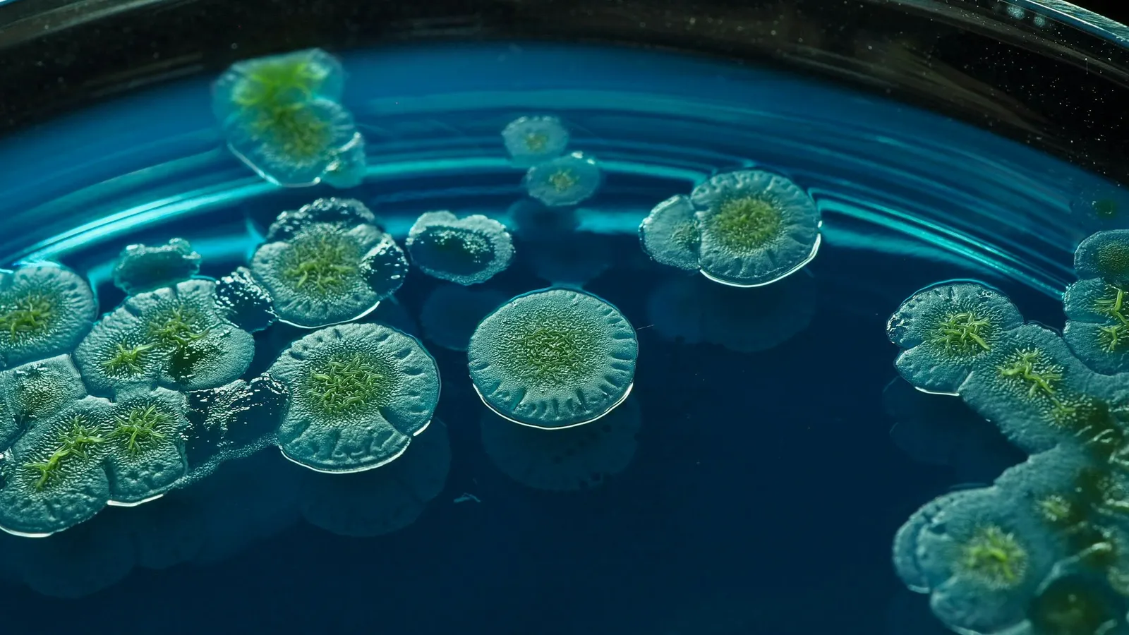 Bacterial colonies in a petri dish under blue light