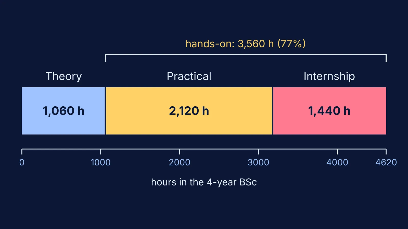 Bar showing BSc imaging course hours: theory, practical classes and internship