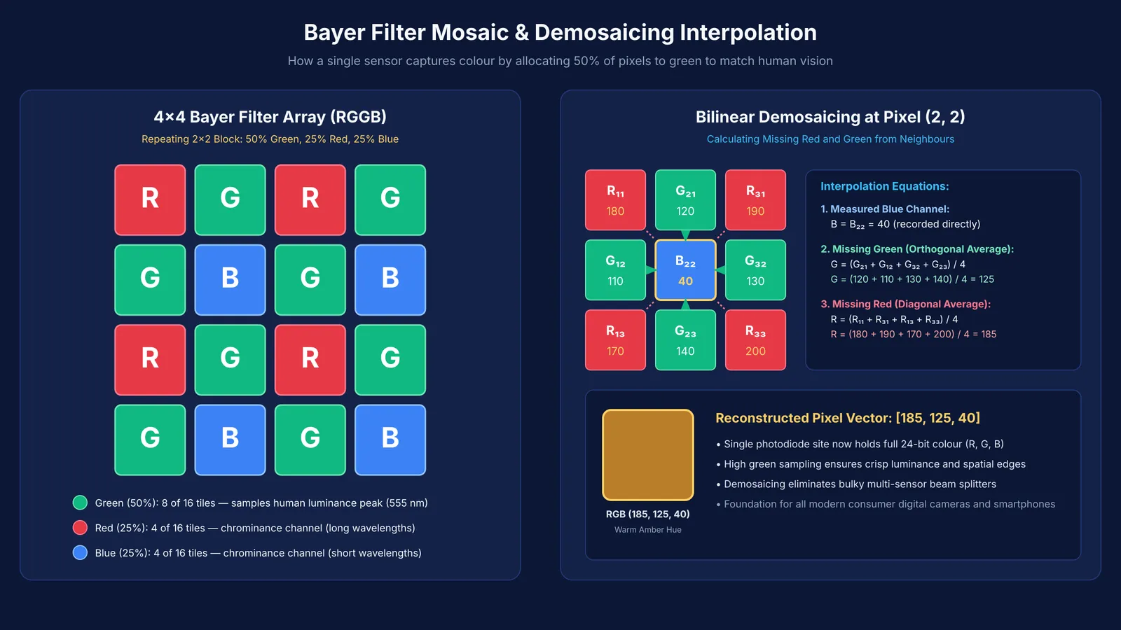 Bayer filter array layout and bilinear demosaicing color interpolation for single sensor