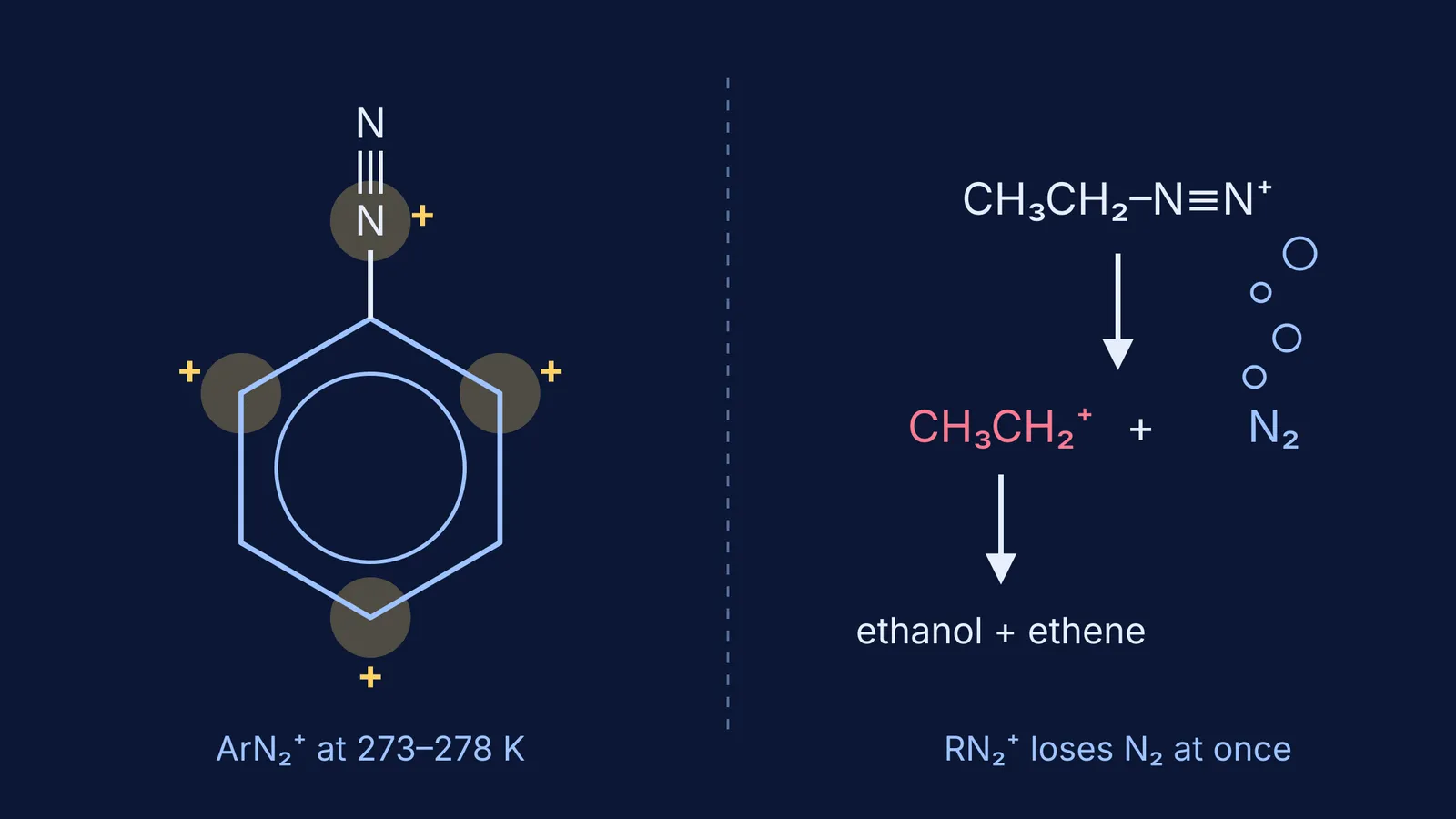 Benzenediazonium ion with charge spread over the ring beside an ethyldiazonium ion losing nitrogen