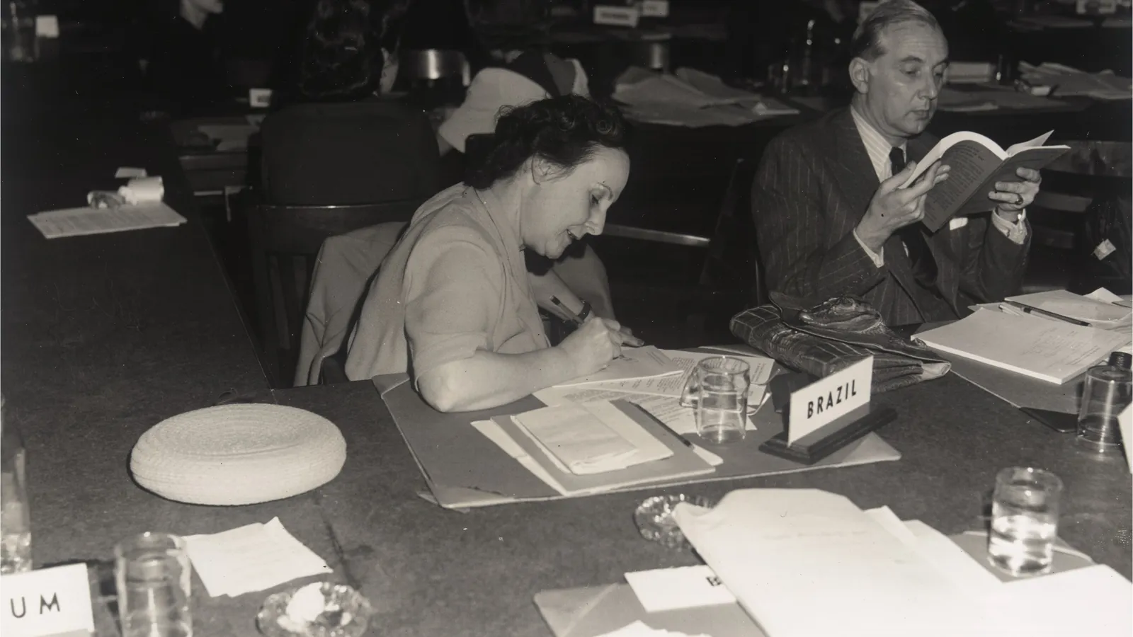 Bertha Lutz writing at the Brazil delegation desk, San Francisco, 1945